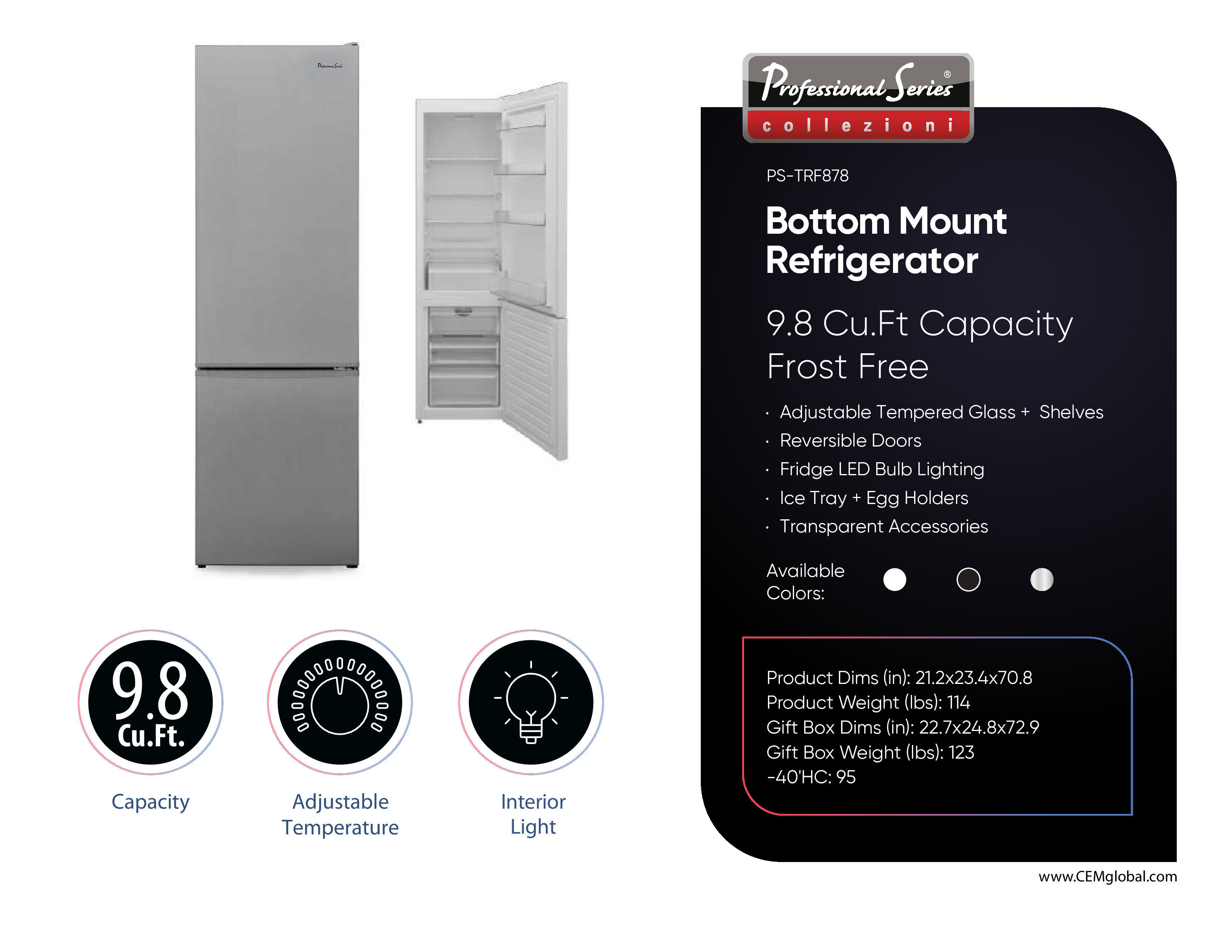 Bottom Mount Refrigerator 9.8 Cu.Ft Capacity