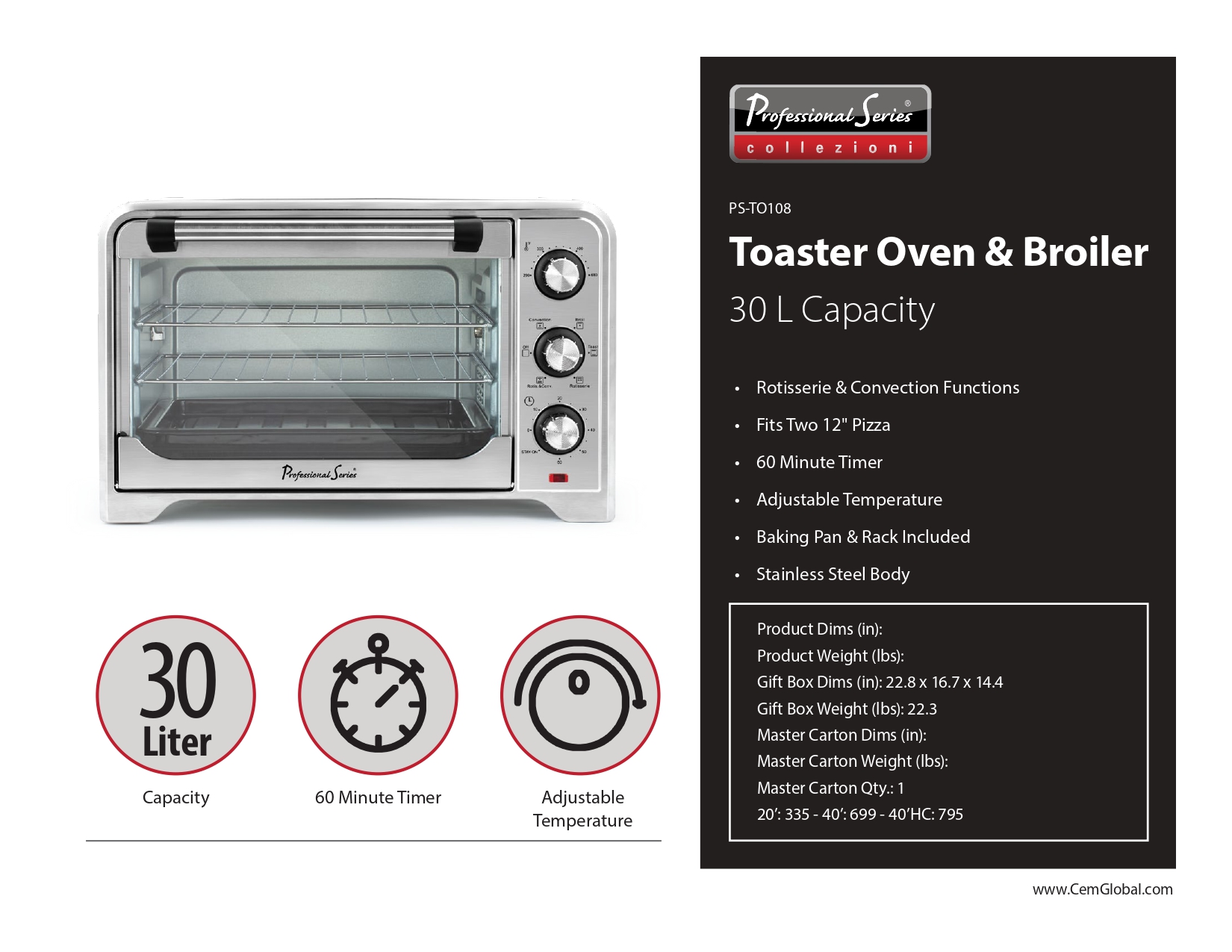 Toaster Oven & Broiler, 30L, Stainless Steel