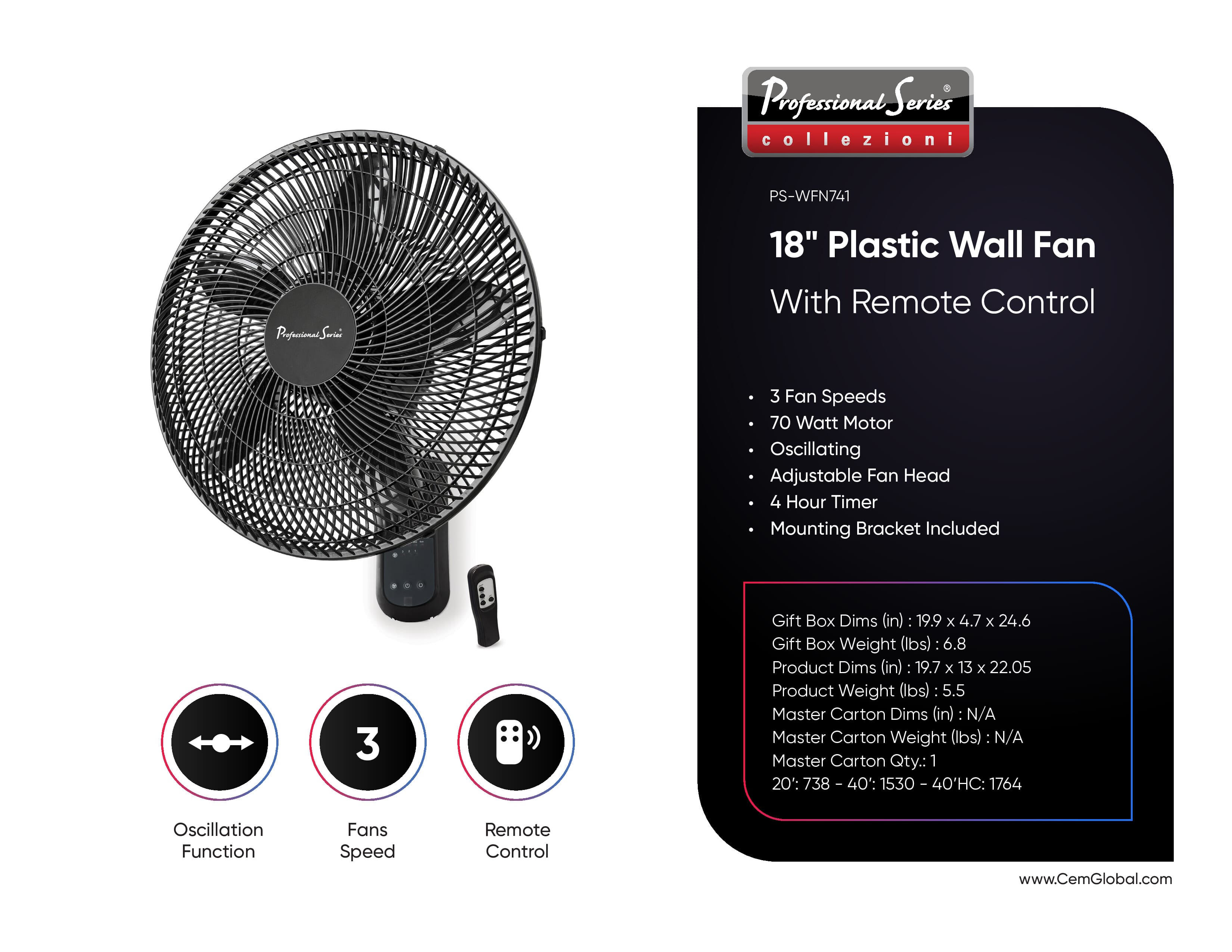 18" Plastic Wall Fan With Remote Control