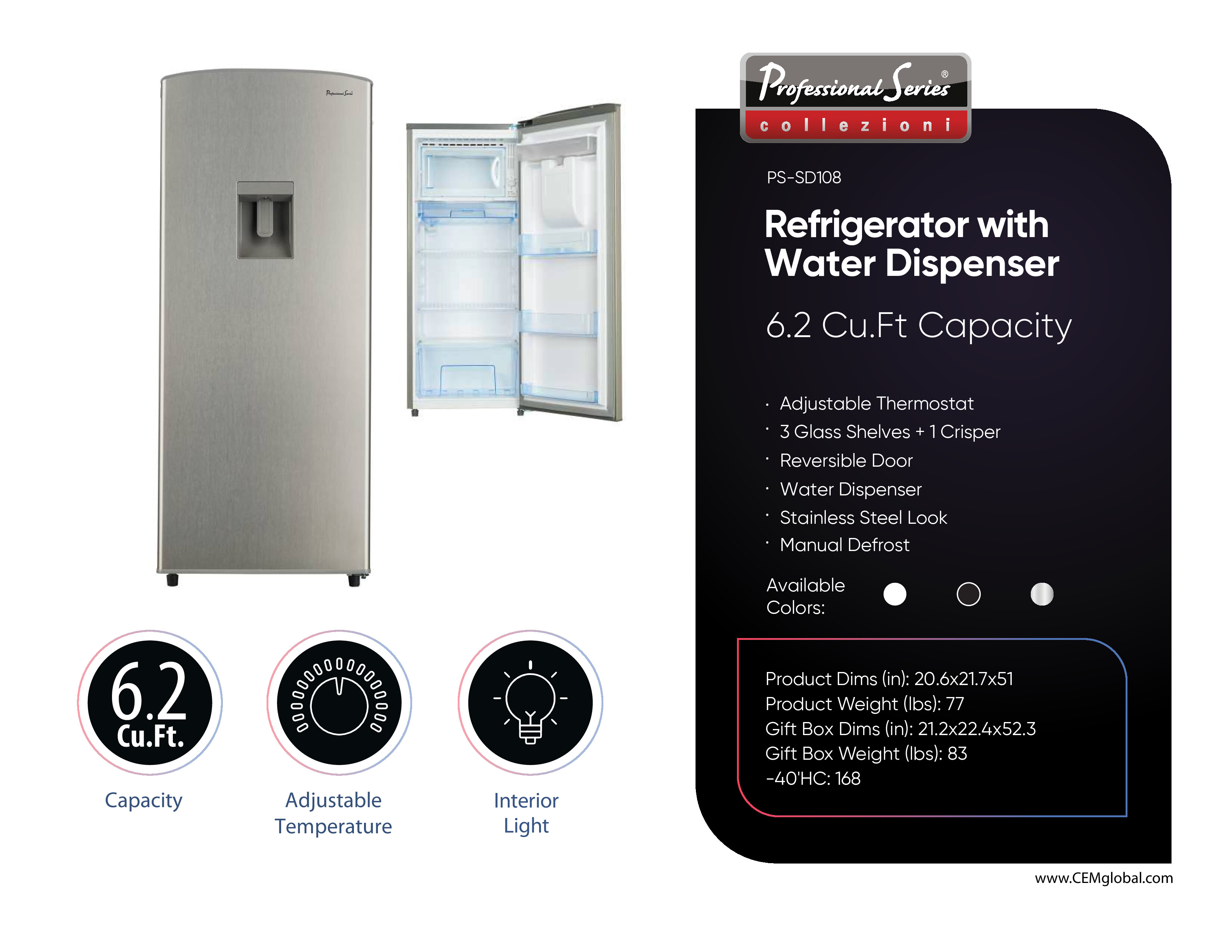 Refrigerator with Water Dispenser 6.2 Cu.Ft Capacity