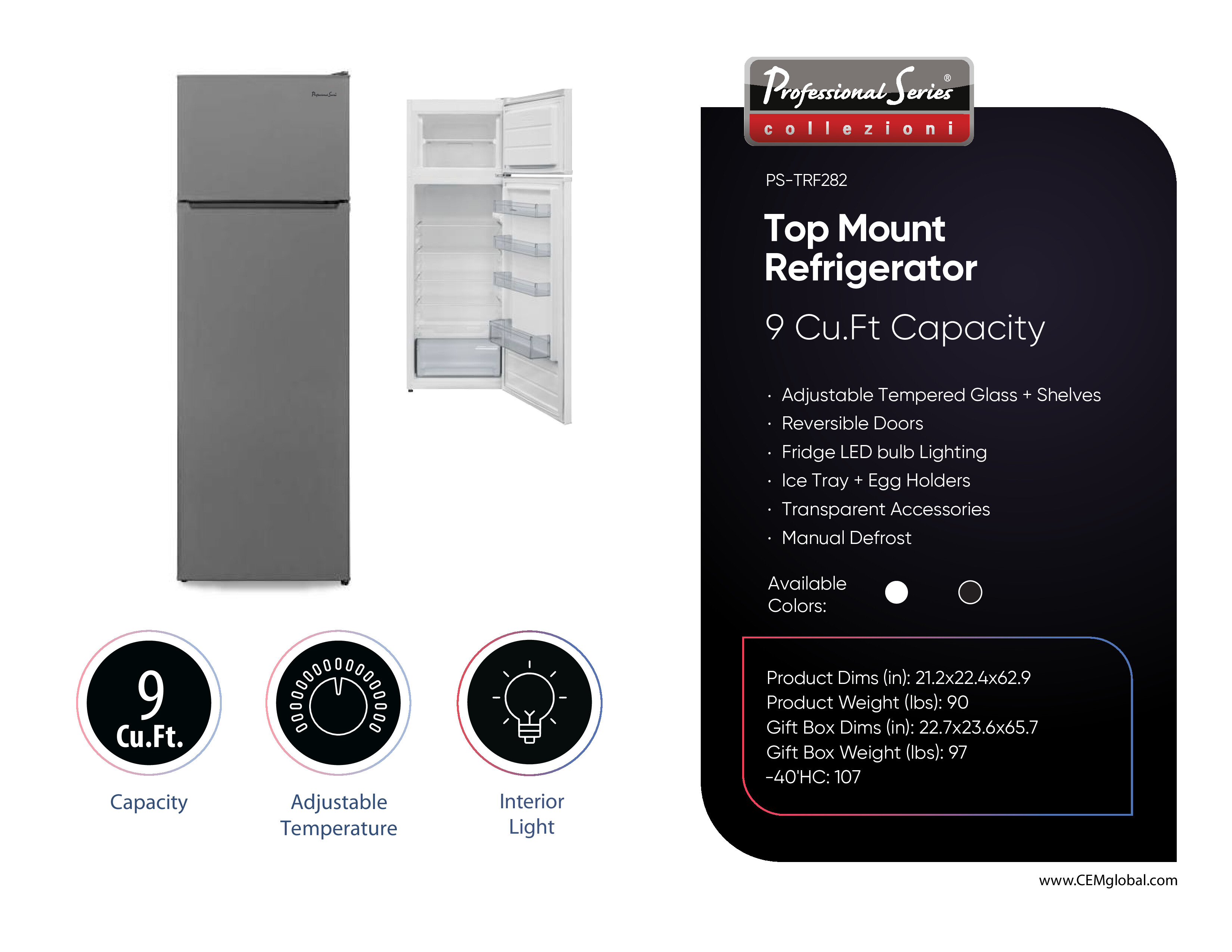 Top Mount Refrigerator 9 Cu.Ft Capacity
