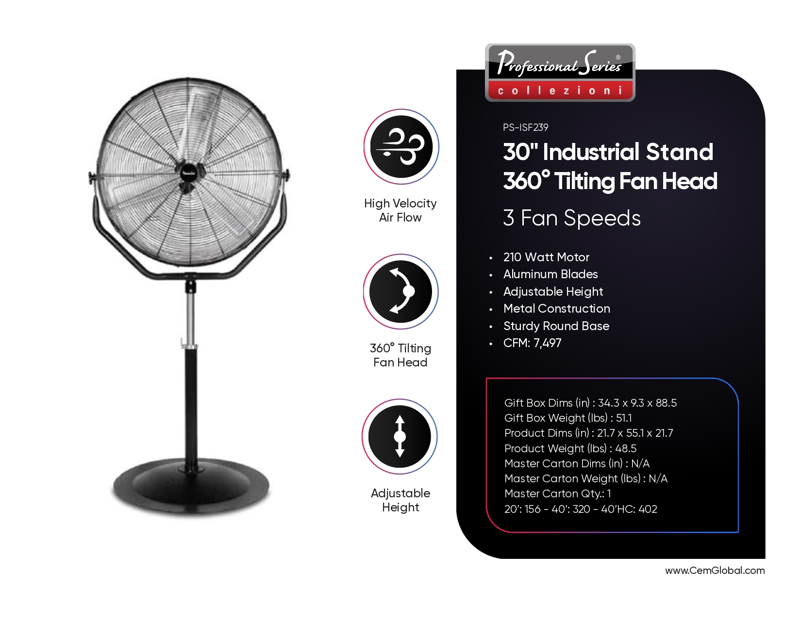 30"Industrial Stand 360° Tilting Fan Head