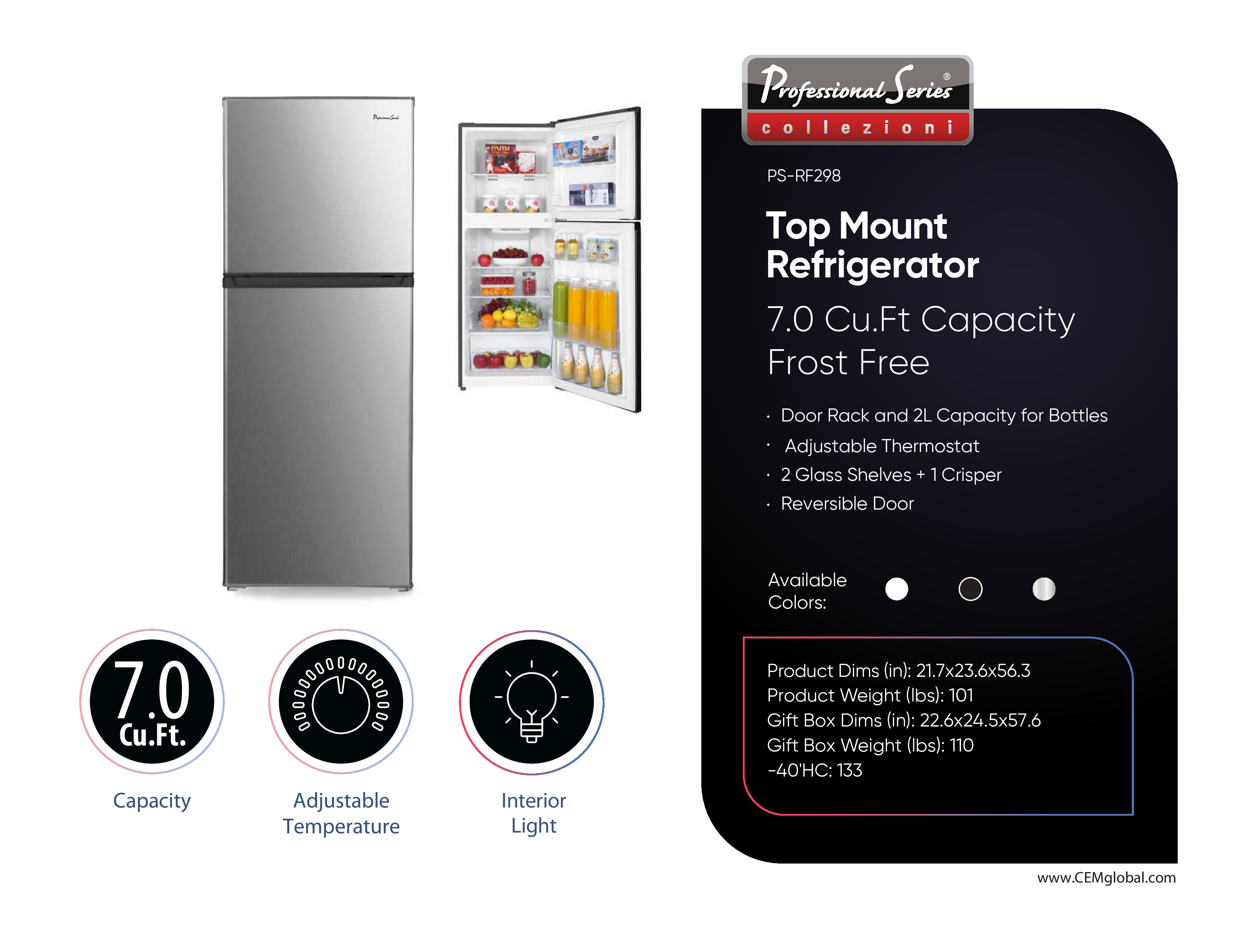 Top Mount Refrigerator 7.0 Cu.Ft Capacity